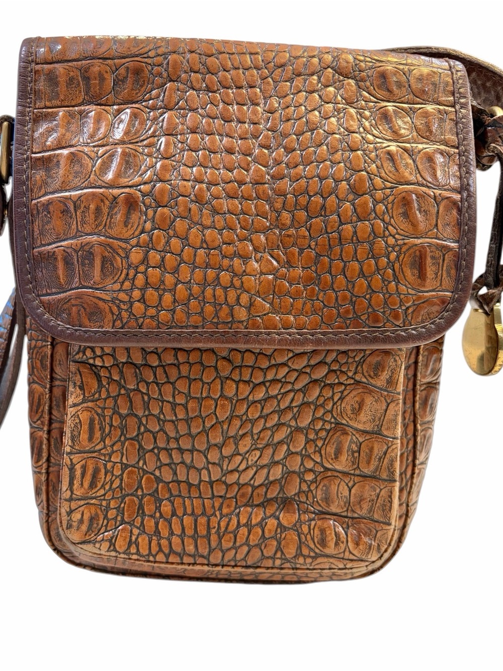 Vintage Brahmin Brown Croc-Embossed Leather Flap North South Crossbody Bag - Picture 3 of 17